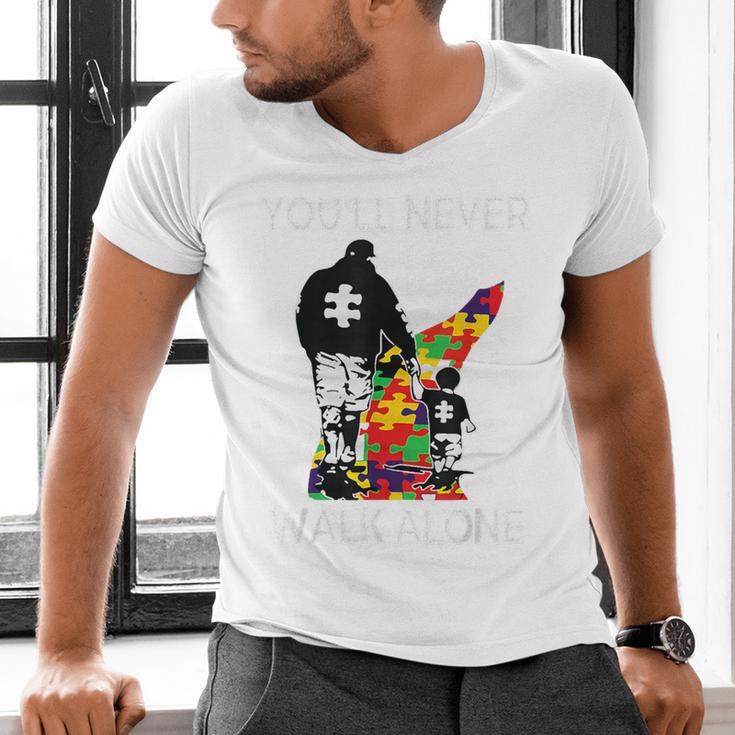 Autism Dad Support Alone Puzzle You'Ll Never Walk Premium Tri-Blend Men's V-Neck T-Shirt