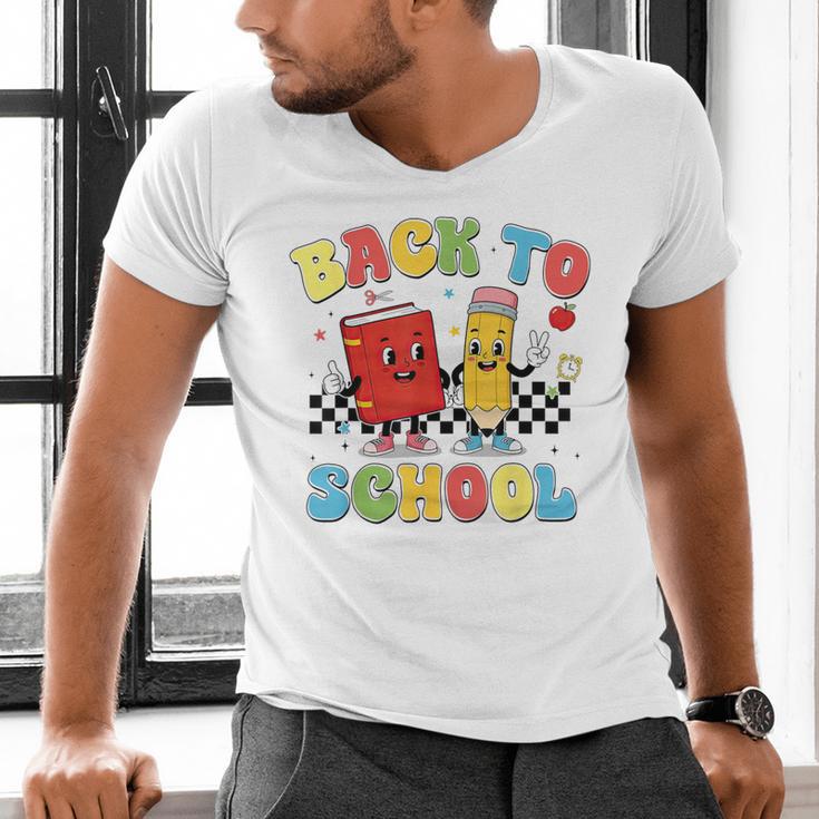Back To School Checkered Book Pencil Groovy Teacher Student Men's V-Neck T-Shirt