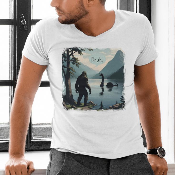 Bigfoot Sasquatch & Loch Ness Monster Introvert Bruh Men's V-Neck T-Shirt
