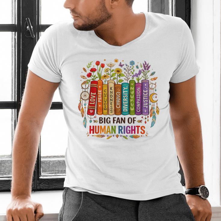 Boho Floral Book Big Fan Of Human Rights Liberal Protest Men's V-Neck T-Shirt