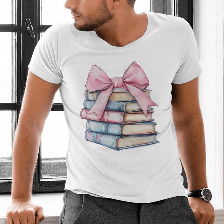 Book Lover Coquette Bow Pink Dainty Ribbon Cute Bookworm Men's V-Neck T-Shirt
