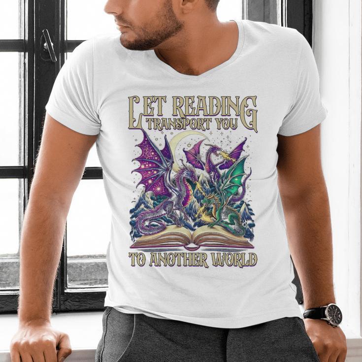 Book Lover Dragon Reading Transport You To Another World Men's V-Neck T-Shirt Book Lover Dragon Reading Transport You To Another World Men's V-Neck T-Shirt