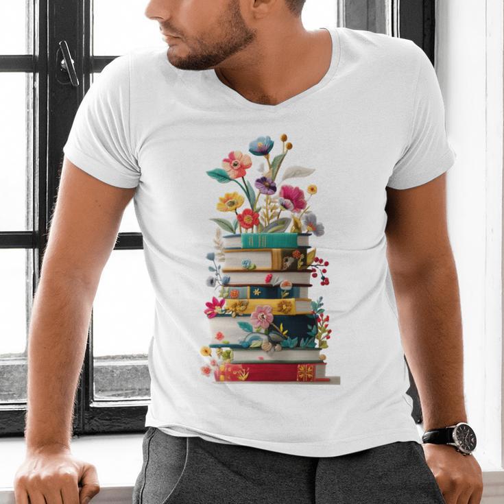 Book Stack With Flowers Reading Lover Bookish Men's V-Neck T-Shirt Book Stack With Flowers Reading Lover Bookish Men's V-Neck T-Shirt