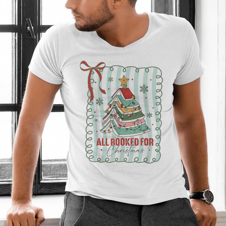 All Booked For Christmas Book Xmas Tree Coquette Bow Lights Men's V-Neck T-Shirt