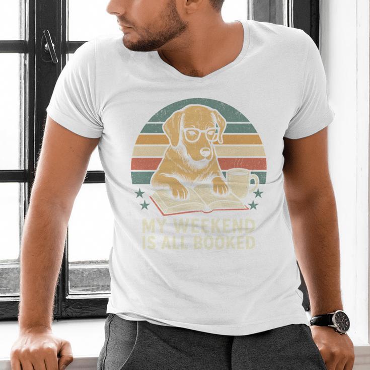 My Weekend Is All Booked Vintage Dog Reading Book Lovers Men's V-Neck T-Shirt My Weekend Is All Booked Vintage Dog Reading Book Lovers Men's V-Neck T-Shirt