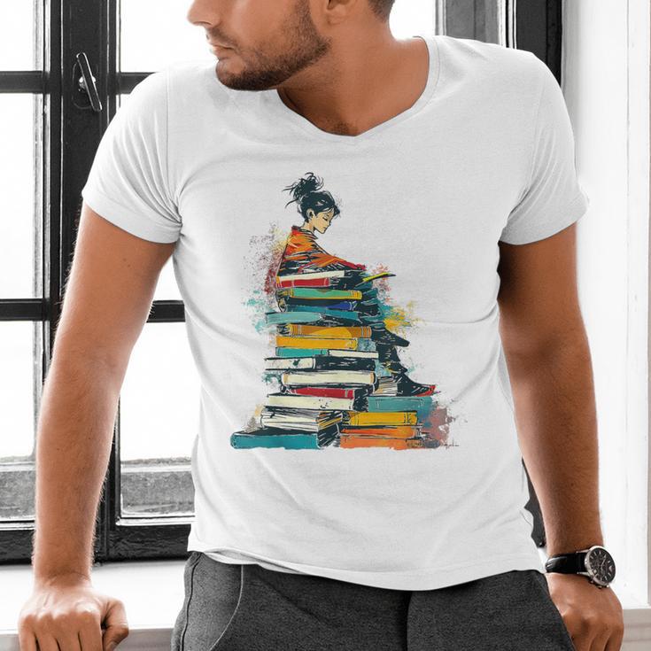 Books Abstract Artist Women Art Painting Books Men's V-Neck T-Shirt
