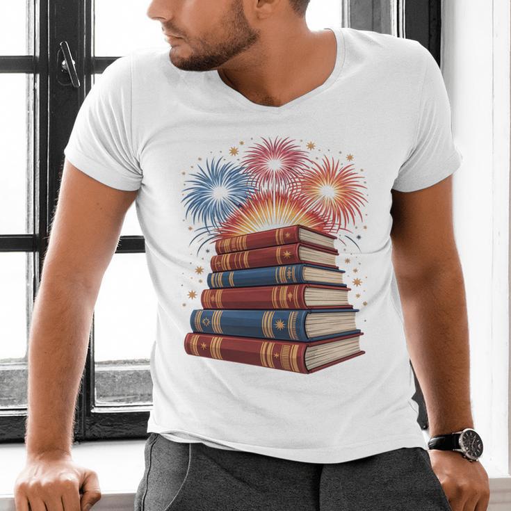 Books Fireworks 4th Of July Bookworm Patriotic Reader Men's V-Neck T-Shirt Books Fireworks 4th Of July Bookworm Patriotic Reader Men's V-Neck T-Shirt