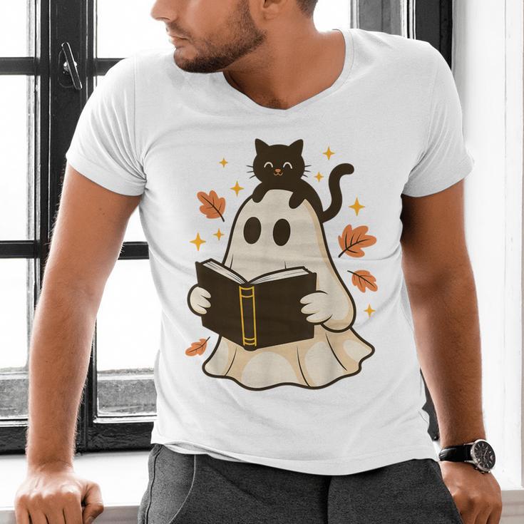 Books Ghost Reading Book Halloween Library Cat Fall Men's V-Neck T-Shirt Books Ghost Reading Book Halloween Library Cat Fall Men's V-Neck T-Shirt