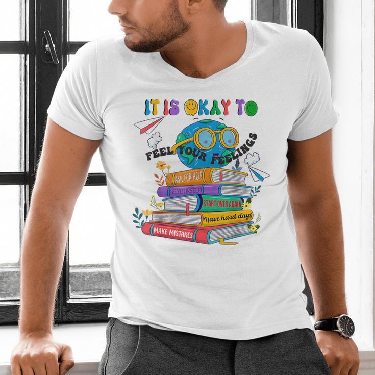 Books It's Okay To Be Kind Yellow Mental Health Day Kids Men's V-Neck T-Shirt Books It's Okay To Be Kind Yellow Mental Health Day Kids Men's V-Neck T-Shirt