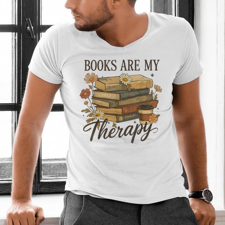 Books Are My Therapy Vintage Book Lover Daisy Art Men's V-Neck T-Shirt