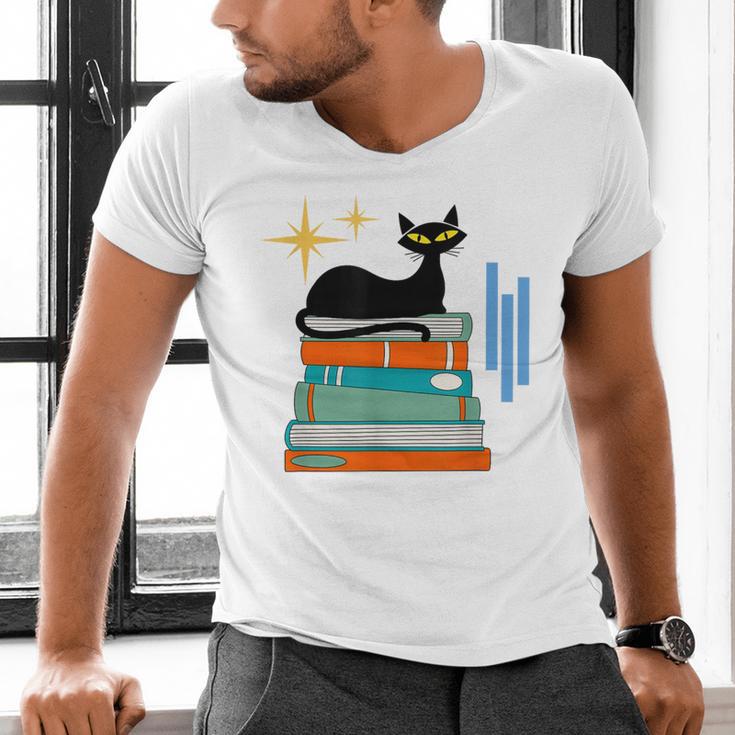 Cat And Books Retro Midcentury Mid Century Aesthetic Men's V-Neck T-Shirt Cat And Books Retro Midcentury Mid Century Aesthetic Men's V-Neck T-Shirt
