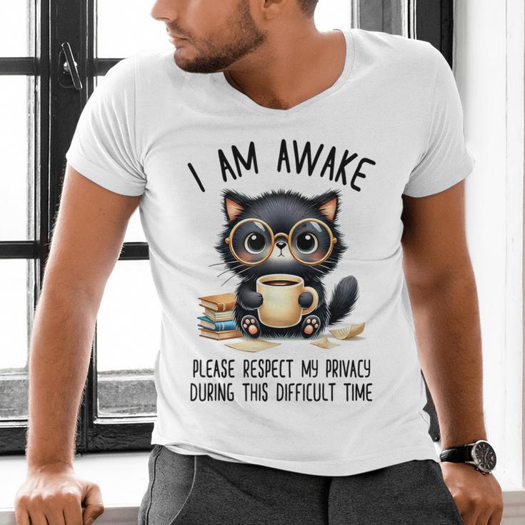 Cat Glasses Coffe Books I Am Awake Please Respect My Privacy Men's V-Neck T-Shirt Cat Glasses Coffe Books I Am Awake Please Respect My Privacy Men's V-Neck T-Shirt