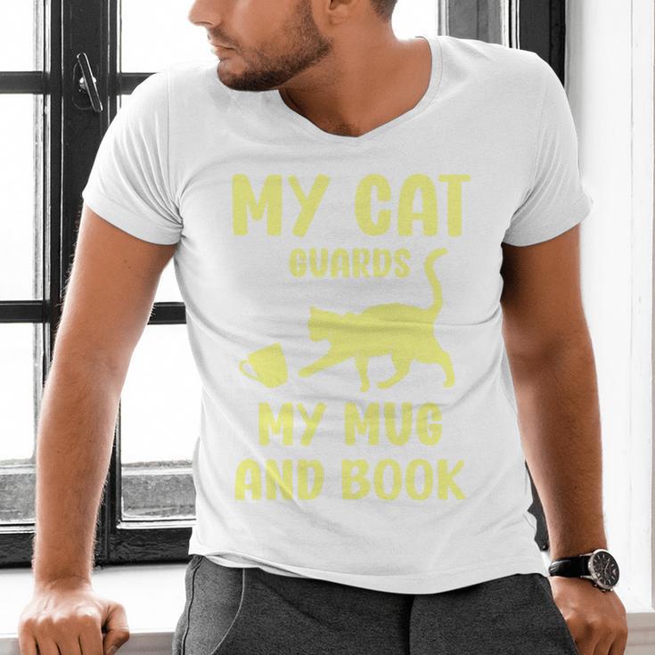 My Cat Guards My Mug And Book Humor Cats Premium Tri-Blend Men's V-Neck T-Shirt