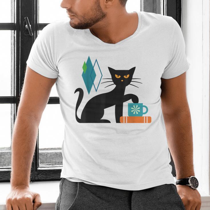 Cat Midcentury With Book And Coffee Atomic Age Mid Century Men's V-Neck T-Shirt