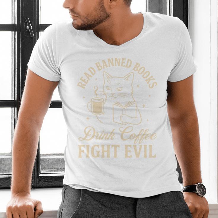 Cat Read Banned Books Drink Coffee Fight Evil Men's V-Neck T-Shirt Cat Read Banned Books Drink Coffee Fight Evil Men's V-Neck T-Shirt