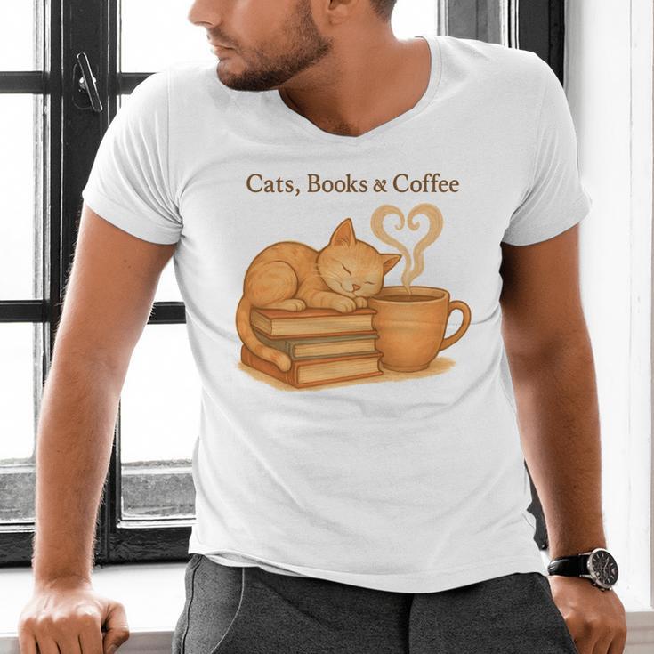 Cats Books And Coffee Heart Cozy Cat Lover Bookworm Readers Men's V-Neck T-Shirt