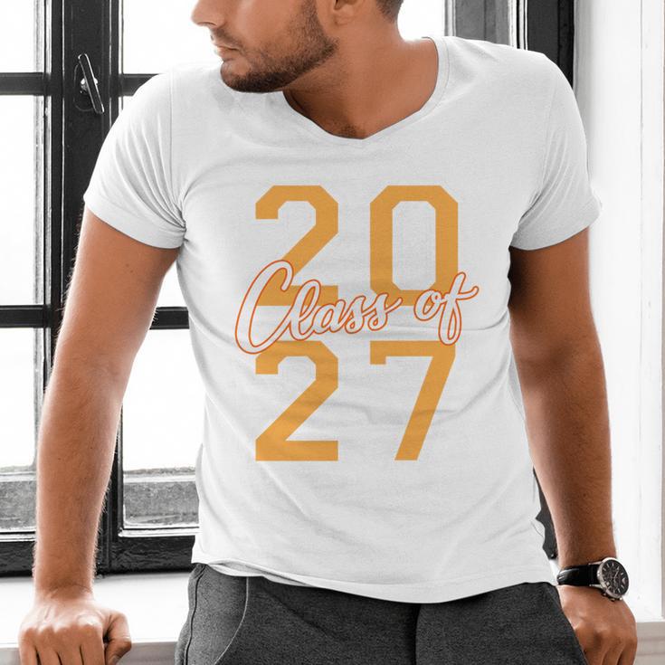 Class Of 2027 Graduation Varsity Orange On The Back Premium Tri-Blend Men's V-Neck T-Shirt