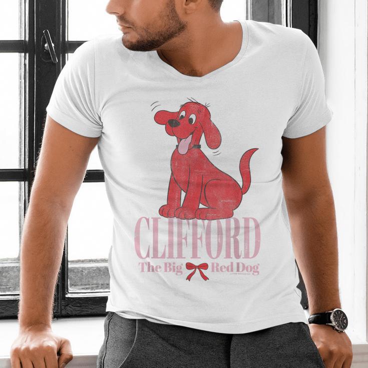 Clifford The Big Red Dog Pink Text With Bow Illustrated Book Men's V-Neck T-Shirt Clifford The Big Red Dog Pink Text With Bow Illustrated Book Men's V-Neck T-Shirt