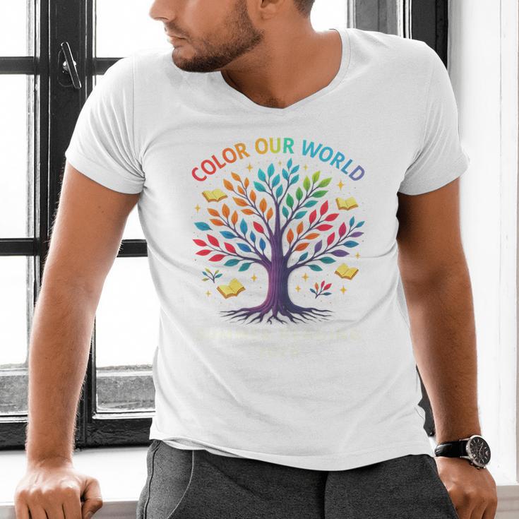 Color Our World Summer Reading Program 2025 Trippy Book Tree Men's V-Neck T-Shirt