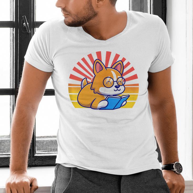 Corgi Dog Reading Book Book Lover Dog Lover Men's V-Neck T-Shirt Corgi Dog Reading Book Book Lover Dog Lover Men's V-Neck T-Shirt