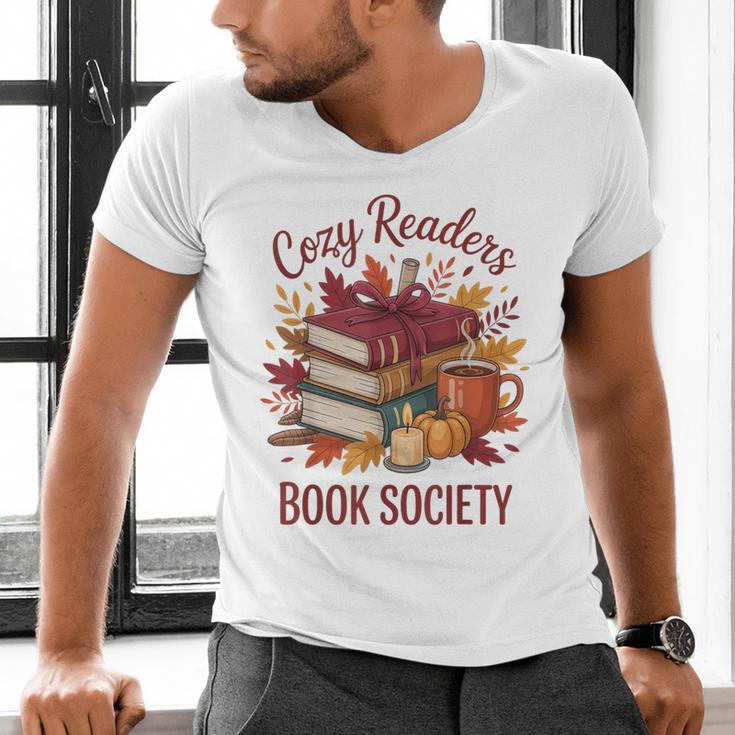 Cozy Readers Book Society Fall Autumn Floral Pumpkin Season Men's V-Neck T-Shirt