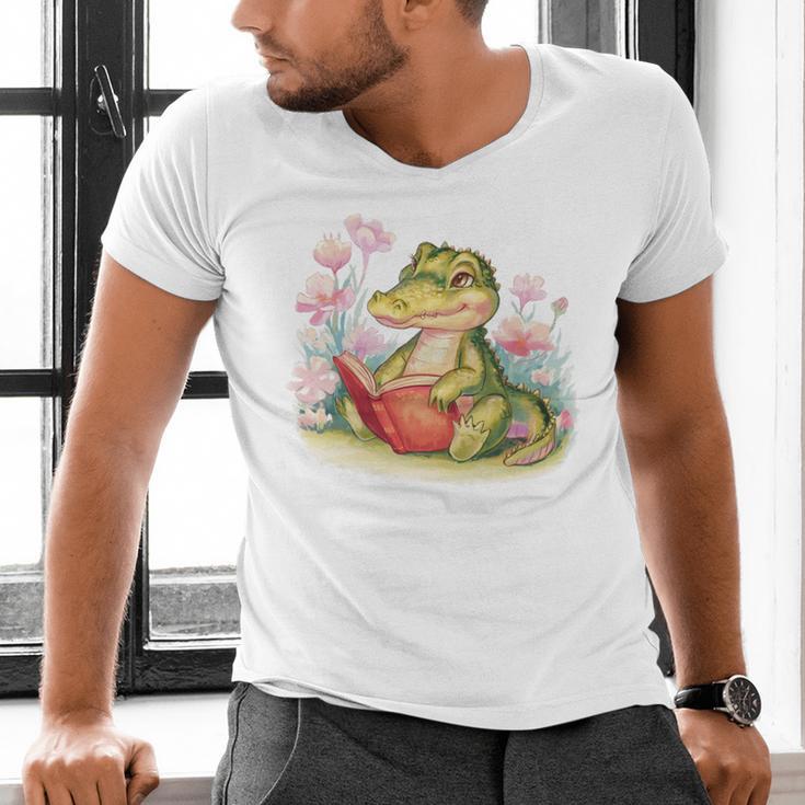Crocodile Reading Book Watercolor Flowers Kids Men's V-Neck T-Shirt
