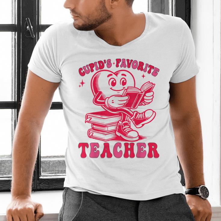 Cupid's Favorite Teacher Valentines Day Heart Book Lover Men's V-Neck T-Shirt Cupid's Favorite Teacher Valentines Day Heart Book Lover Men's V-Neck T-Shirt