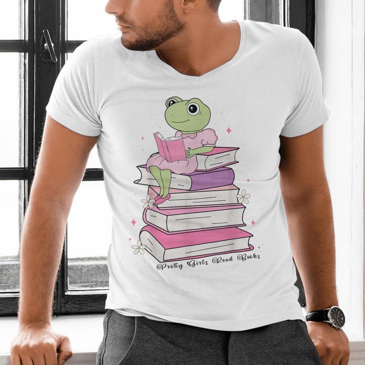 Cute Book Lover Frog Pretty Girls Read Books Kawaii Reading Men's V-Neck T-Shirt