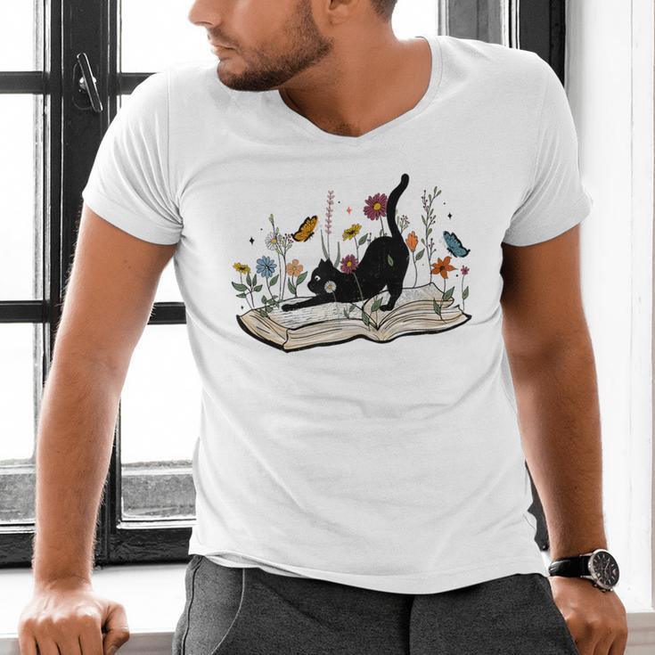 Cute Cat Flower Garden Book Kitty Reading Floral Men Women Girls Kids Men's V-Neck T-Shirt Cute Cat Flower Garden Book Kitty Reading Floral Men Women Girls Kids Men's V-Neck T-Shirt