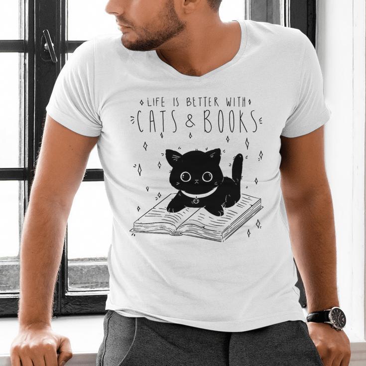 Cute Cats And Books Aesthetic Feline Reader Graphic Premium Tri-Blend Men's V-Neck T-Shirt