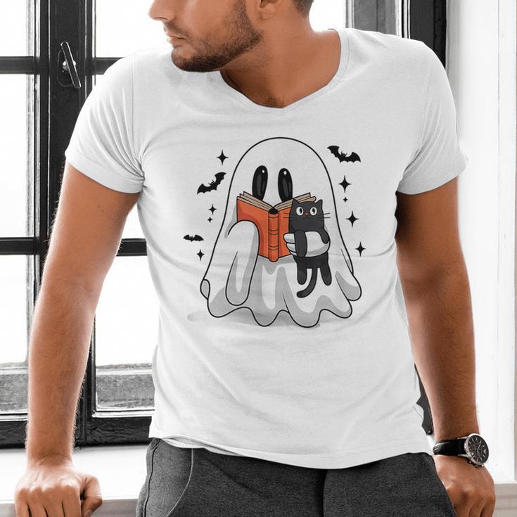 Cute Halloween Ghost Reading Book Men's V-Neck T-Shirt