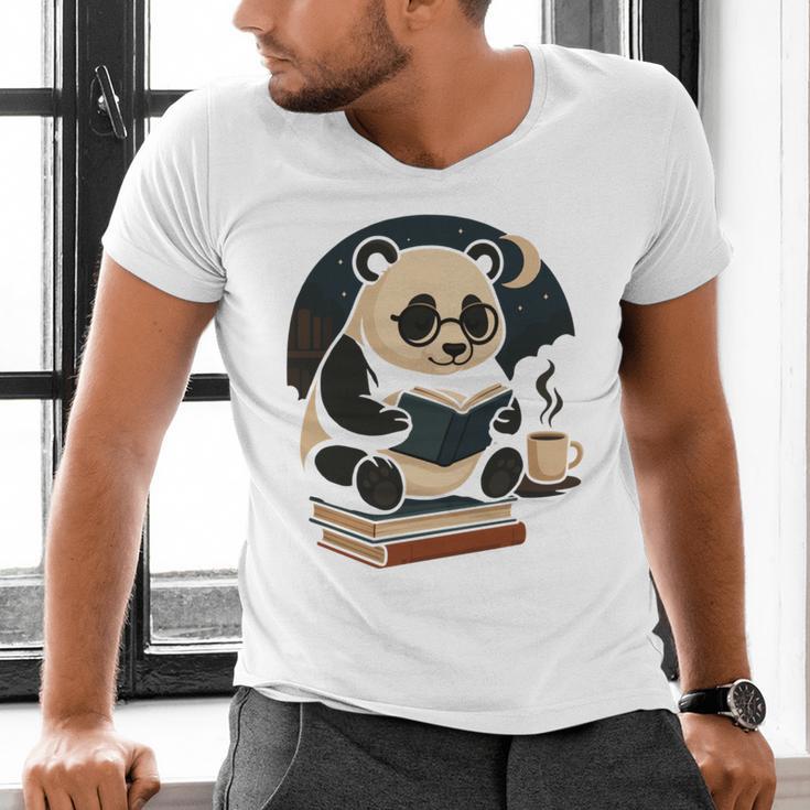 Cute Panda Reading Book Under Moon Bookworm Coffee Lover Men's V-Neck T-Shirt
