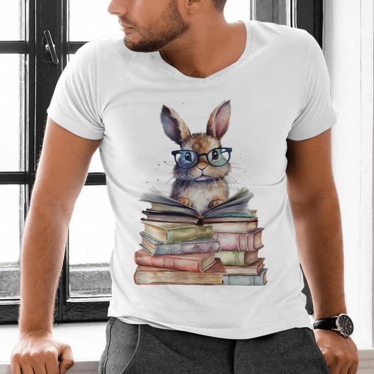 Cute Reading Bunny With Glasses Books Bookworm Reader Book Premium Tri-Blend Men's V-Neck T-Shirt