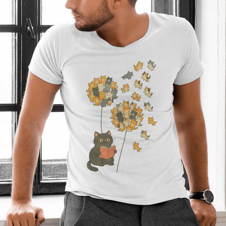 Cute Reading Cat With Kitten Dandelion Flowers Book Lover Men's V-Neck T-Shirt Cute Reading Cat With Kitten Dandelion Flowers Book Lover Men's V-Neck T-Shirt