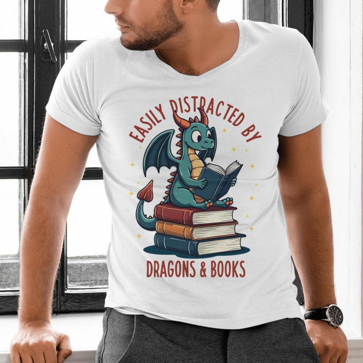 Dark Romance Romantasy Easily Distracted By Dragons & Books Men's V-Neck T-Shirt