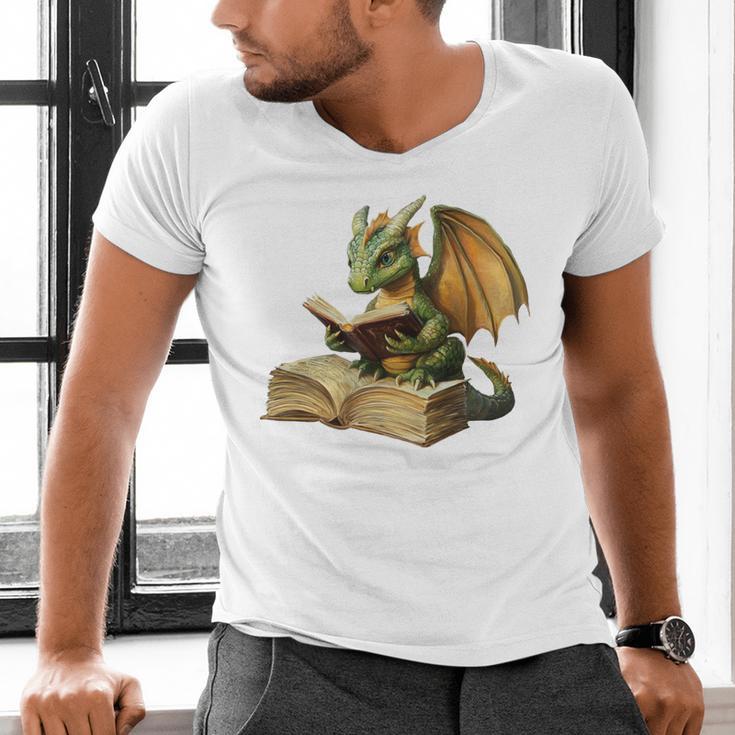 Dragon Bookworm Reading Book Graphic Men's V-Neck T-Shirt Dragon Bookworm Reading Book Graphic Men's V-Neck T-Shirt