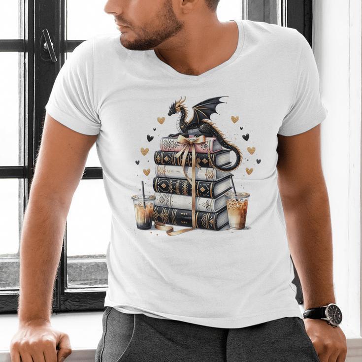 Dragon Hoard Of Books Reading Lover Cute Art Men's V-Neck T-Shirt Dragon Hoard Of Books Reading Lover Cute Art Men's V-Neck T-Shirt