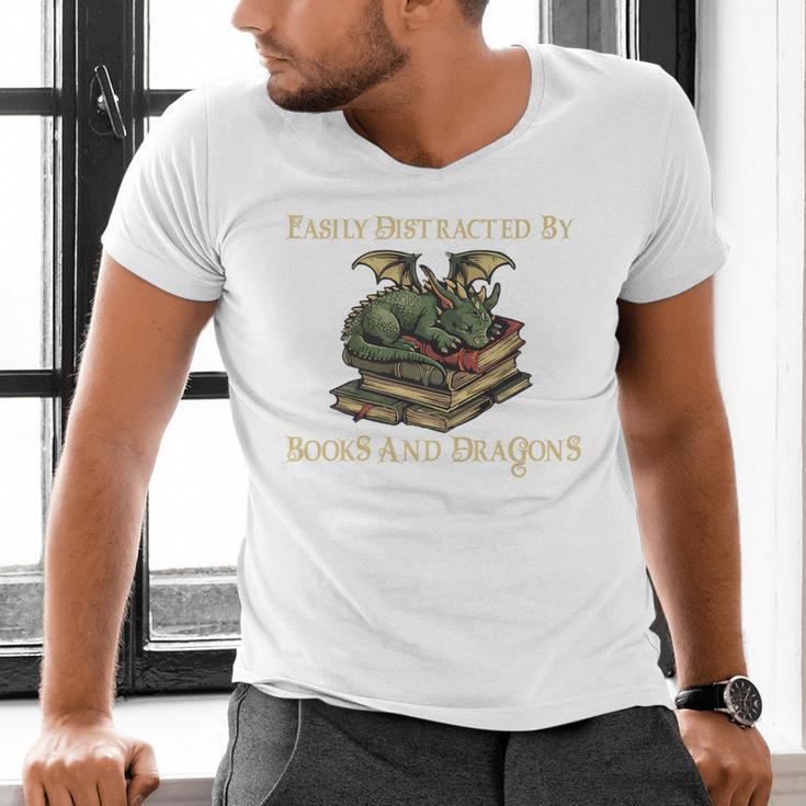 Easily Distracted By Books And Dragons Graphic Premium Men's V-Neck T-Shirt Easily Distracted By Books And Dragons Graphic Premium Men's V-Neck T-Shirt