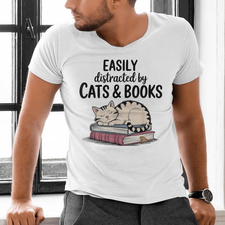 Easily Distracted By Cats And Books Cute Book Lover Men's V-Neck T-Shirt Easily Distracted By Cats And Books Cute Book Lover Men's V-Neck T-Shirt