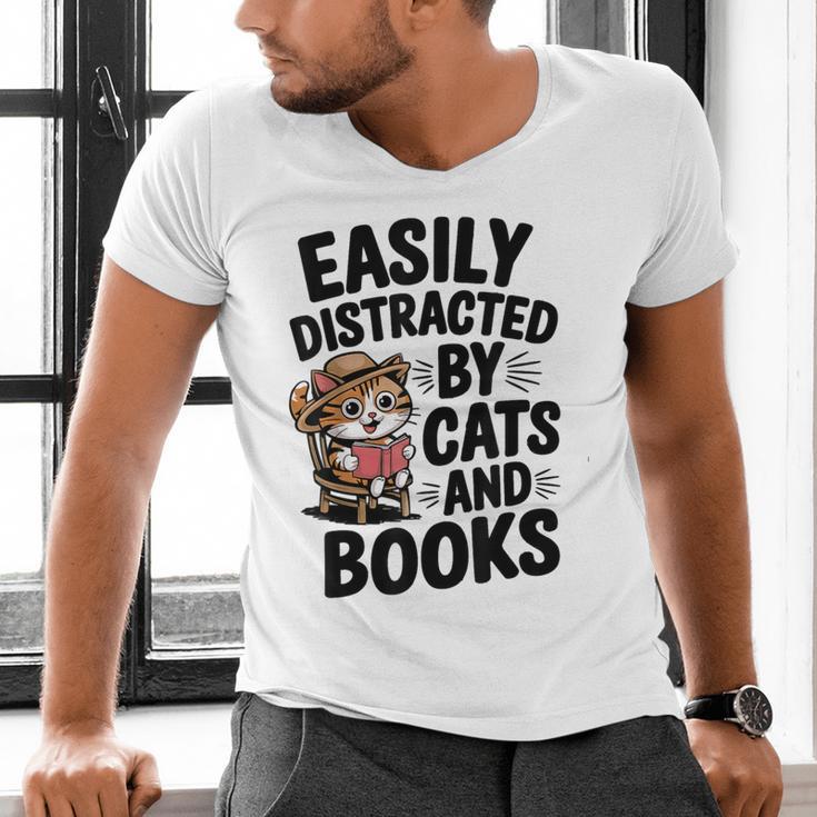 Easily Distracted By Cats And Books Lovers Reading Men's V-Neck T-Shirt Easily Distracted By Cats And Books Lovers Reading Men's V-Neck T-Shirt