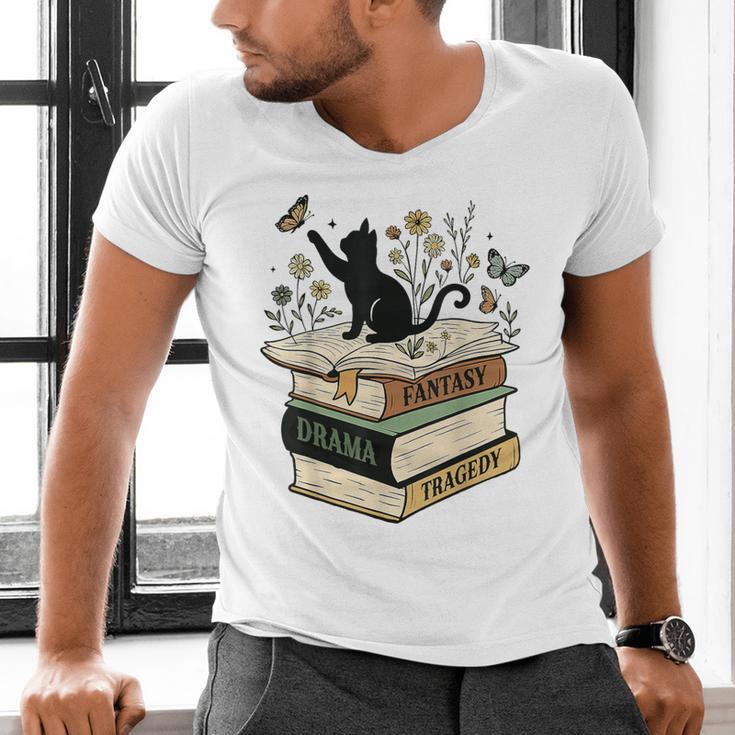 Fantasy Drama Tragedy Cat Book Lover Reading Humor Men's V-Neck T-Shirt