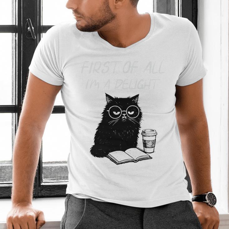 First Of All I’m A Delight Cute Cat Books Coffee Humor Men's V-Neck T-Shirt
