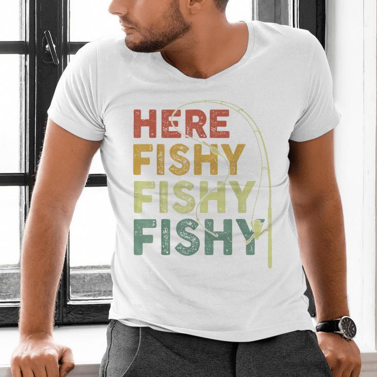 Fishing Here-Fishy Bass Fish Dad Men's V-Neck T-Shirt
