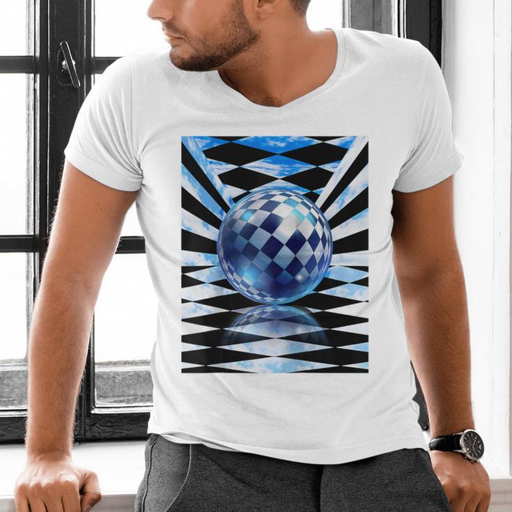 Frutiger Aero Aesthetic Tech Checkered Room Orb Sky Raglan Baseball Tee Men's V-Neck T-Shirt
