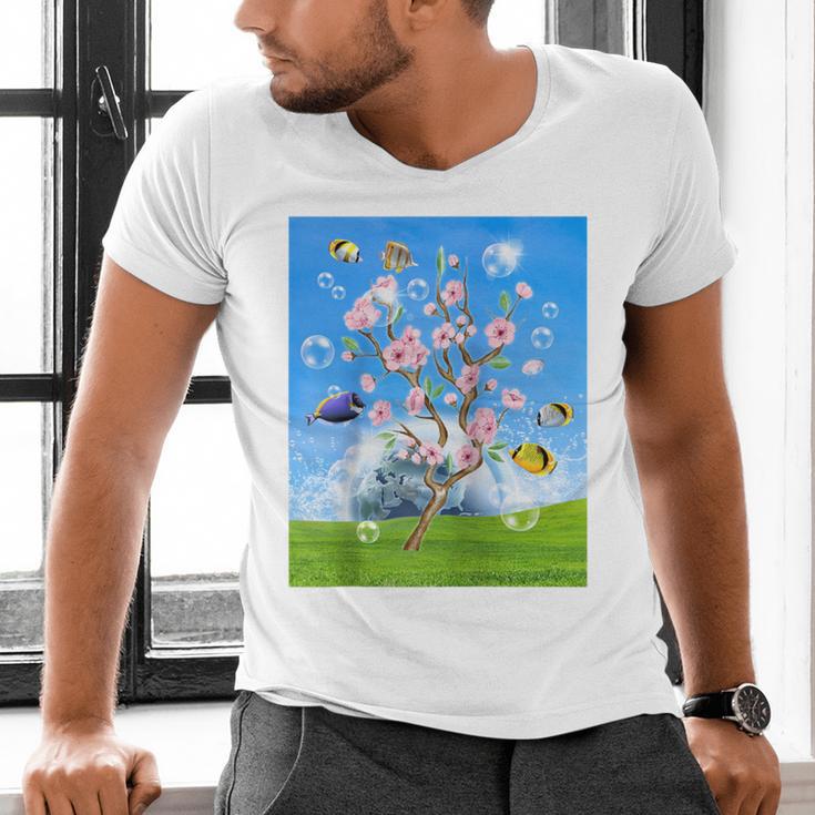 Frutiger Aero Aesthetic Tech Cherry Blossom Fishes Bubbles Raglan Baseball Tee Men's V-Neck T-Shirt