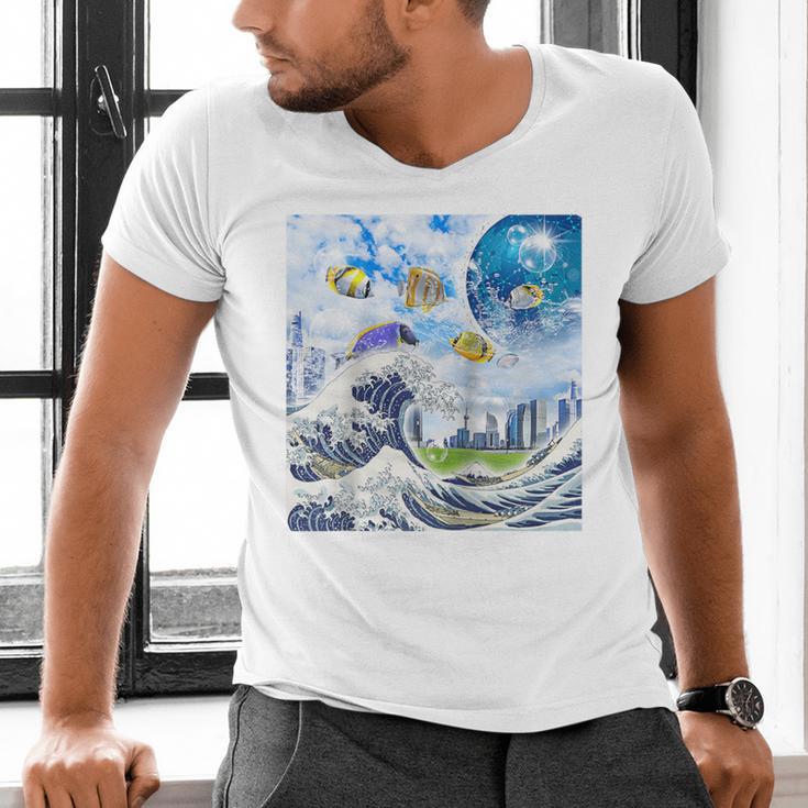 Frutiger Aero Aesthetic Tech Great Wave Of Kanagawa Fishes Raglan Baseball Tee Men's V-Neck T-Shirt Frutiger Aero Aesthetic Tech Great Wave Of Kanagawa Fishes Raglan Baseball Tee Men's V-Neck T-Shirt