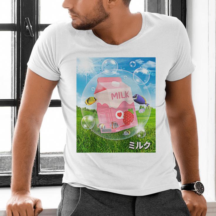 Frutiger Aero Aesthetic Tech Kawaii Strawberry Milk Fishes Raglan Baseball Tee Men's V-Neck T-Shirt Frutiger Aero Aesthetic Tech Kawaii Strawberry Milk Fishes Raglan Baseball Tee Men's V-Neck T-Shirt