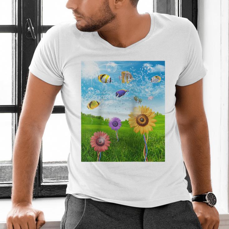 Frutiger Aero Aesthetic Tech Scenery Fishes Sunflower Raglan Baseball Tee Men's V-Neck T-Shirt Frutiger Aero Aesthetic Tech Scenery Fishes Sunflower Raglan Baseball Tee Men's V-Neck T-Shirt