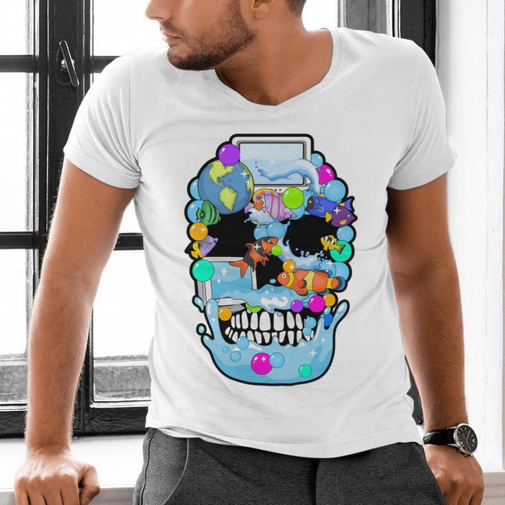 Frutiger Aero Aesthetic Tech Skull Computer Fishes Men's V-Neck T-Shirt
