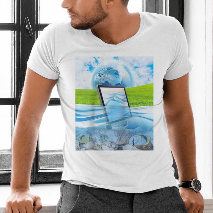 Frutiger Aero Aesthetic Tech Water Fishes Monitor Screen Raglan Baseball Tee Men's V-Neck T-Shirt Frutiger Aero Aesthetic Tech Water Fishes Monitor Screen Raglan Baseball Tee Men's V-Neck T-Shirt